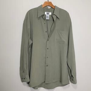 City Streets Button Down Silky Collared Long Sleeve Shirt Green Gray L